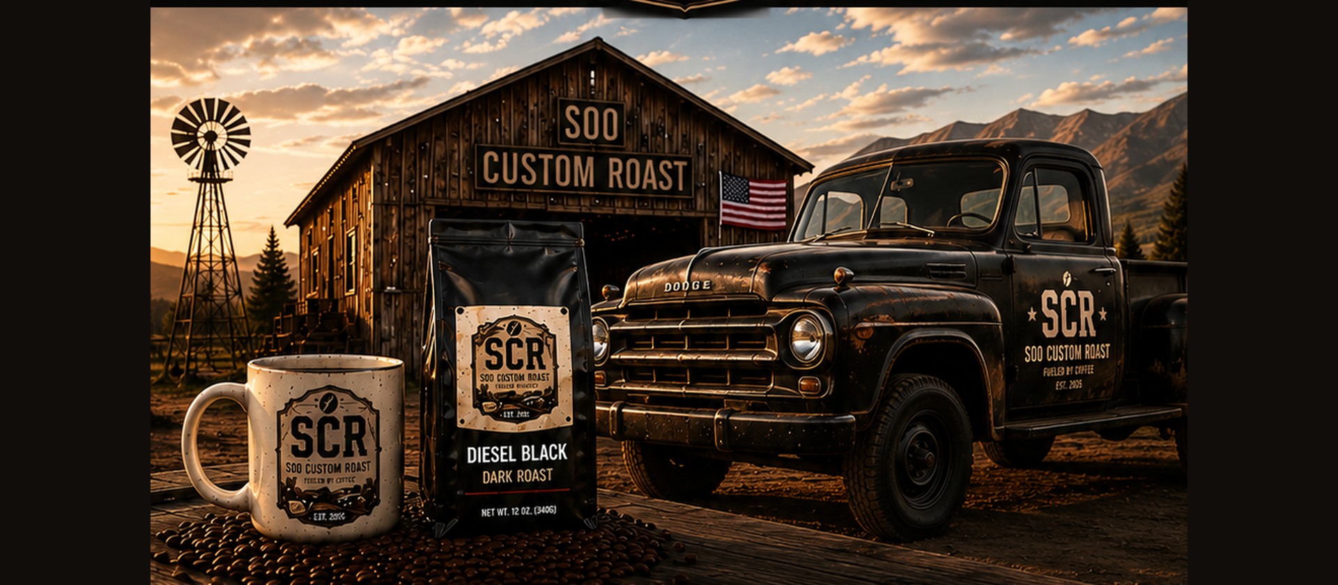 Soo Custom Roast barn, vintage truck, Diesel Black coffee bag and branded mug